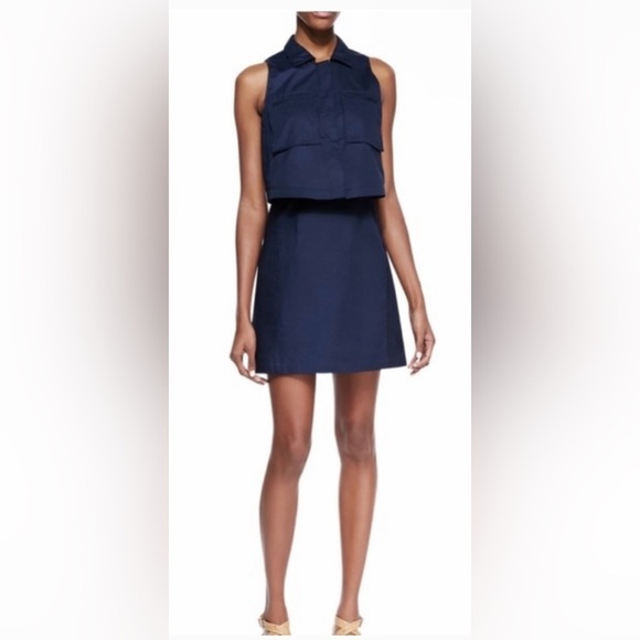 New! THEORY Navy Blue Gemine Sleeveless Tiered A-Line Cargo Mini Dress 💙 sz 4 - Picture 4 of 5